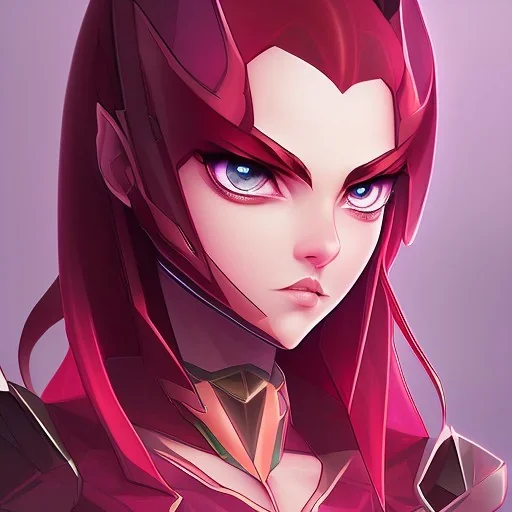 crystal blue eyes, and dark pink hair, teardrop shaped eyebrows, woman, angry expression, pointy ears