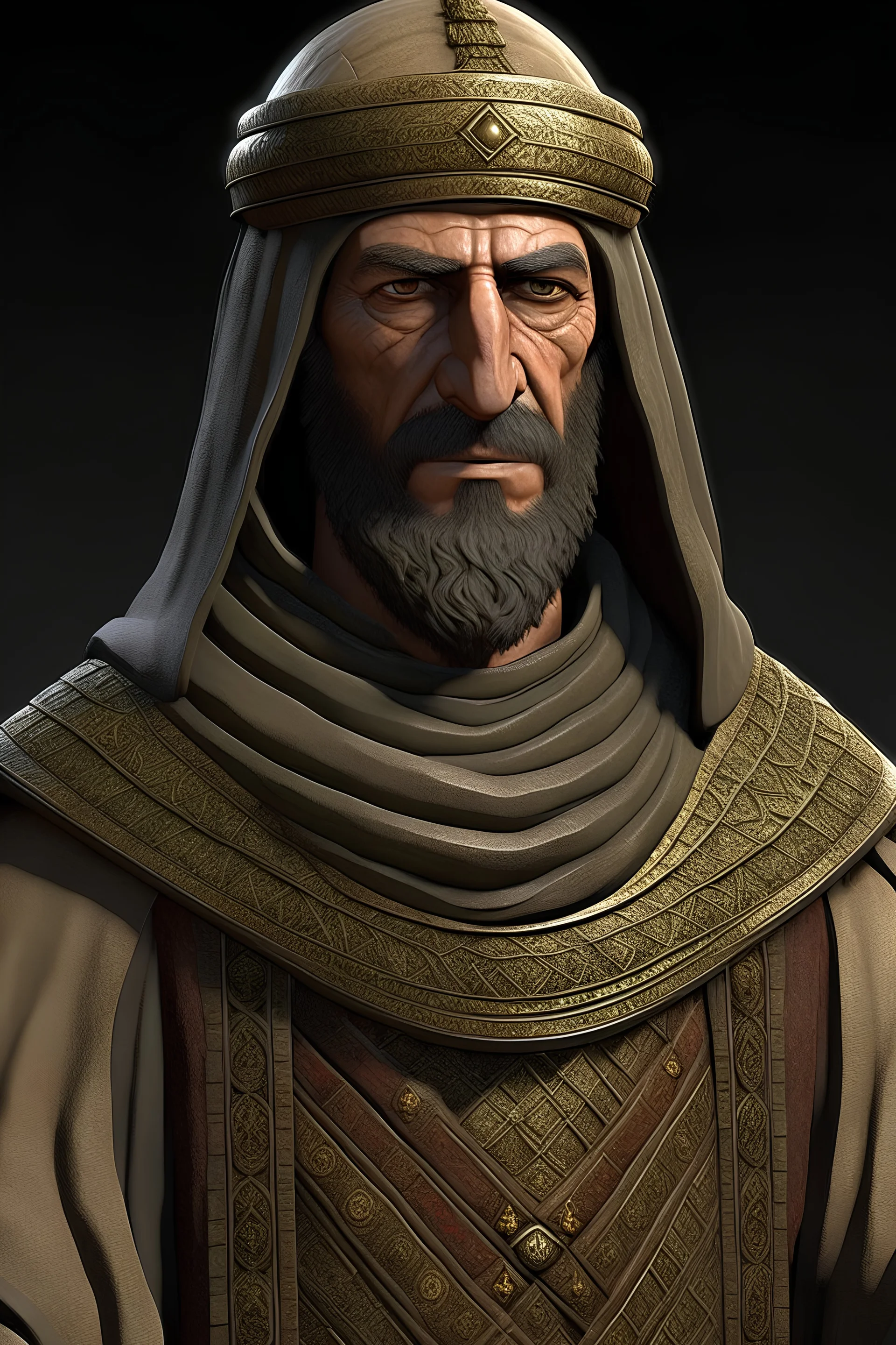 "Generate a realistic depiction of Abu Muslim al-Khorasani, the Islamic military leader from the 8th century, with accurate historical details in clothing and setting."