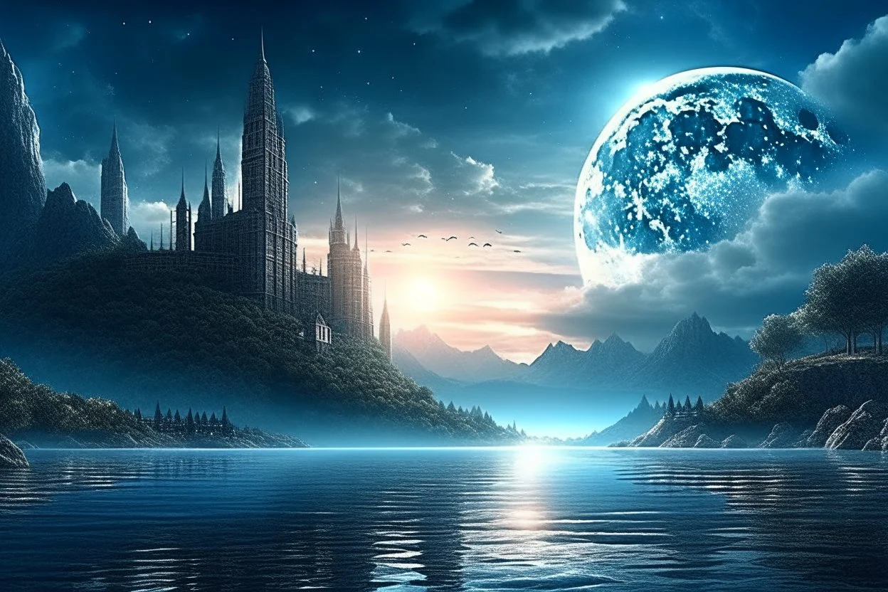 moon, clouds, distant city, lake, sci-fi, boat, epic