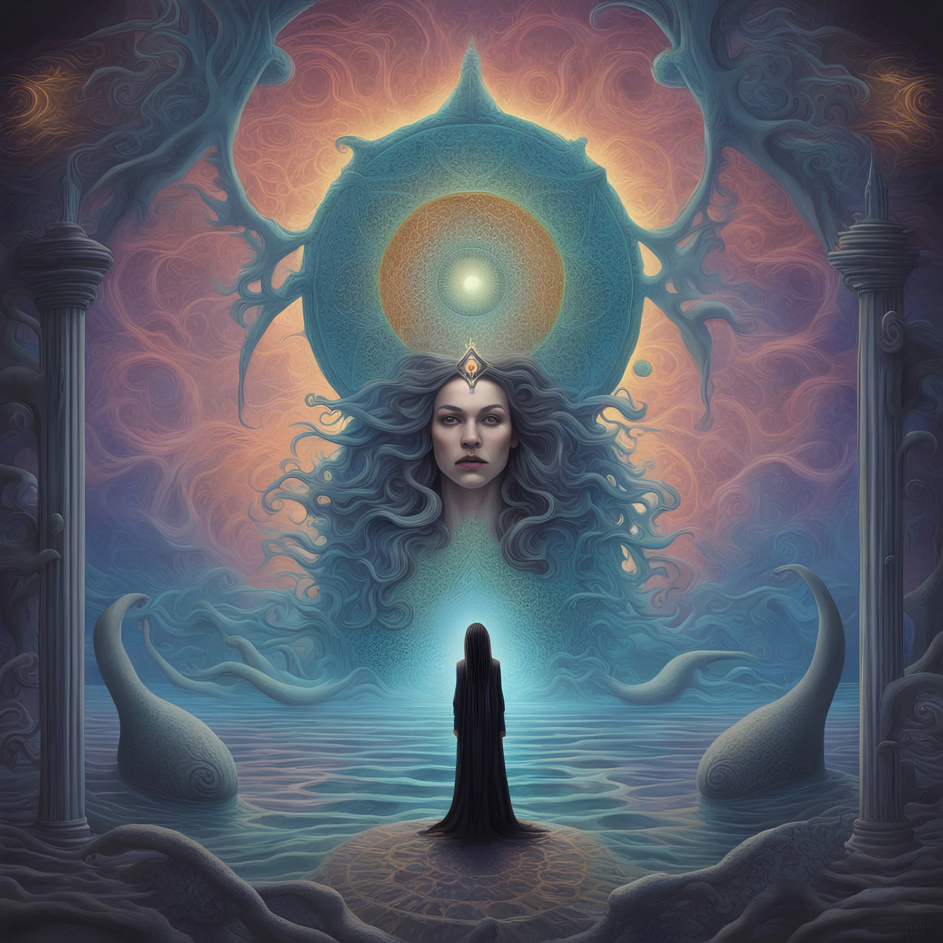 A psychedelic digital painting depicting occult high priestess before swirling dimensional gateway revealing sunken Atlantis, with band logo The Fold Path present. Titled "Realms Revealed" representing the concept album's themes of discovering forgotten mystical worlds."