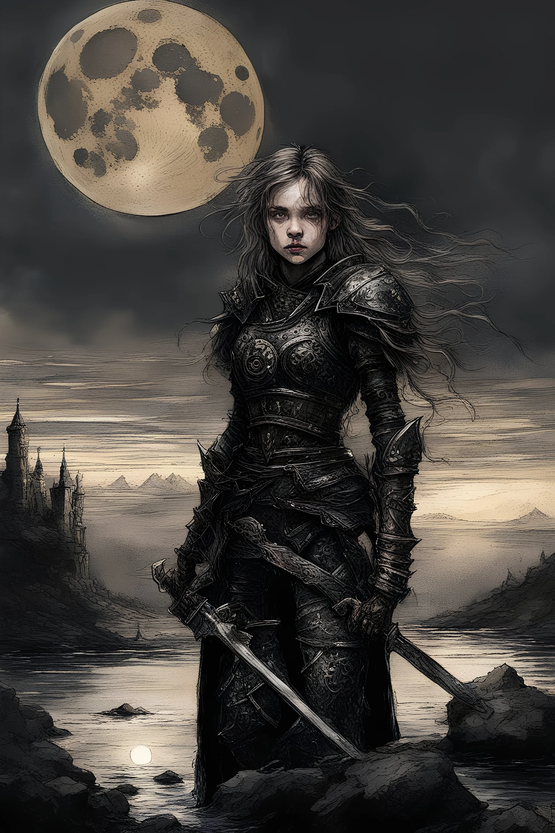 A formidable warrior girl in black armor, against the background of an amazing gloomy landscape, flooded with the light of two moons, mountains, trees, a fabulous scary landscape, juicy emotions, painting, dark fantasy, gloomy day, dark world, portrait, Gothic Town At Night, Fantasy, Intricate Details, Castle Courtyard Gardens, Hyper Detailed, Jean Baptiste Monge, Carne Griffiths, Michael Garmash, Seb Mckinnon, Masterpiece