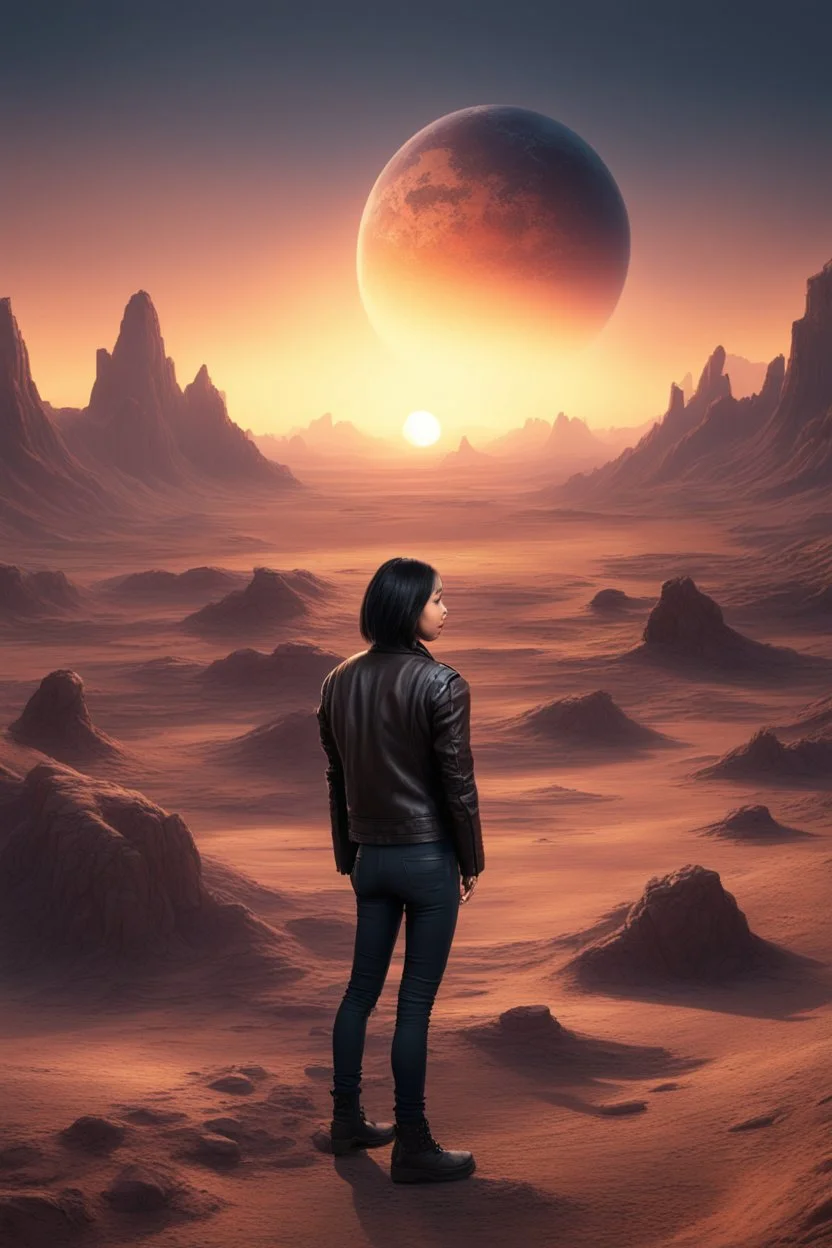 Asian in a leather jacket on a strange planet looking at the sunset