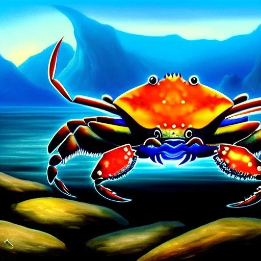 ultra detailed fullbody Drawing of Sea monster Gigantic Blue Crab on the shore ,open mouth, with sharp teeth, with glowing red eyes,with humungus pincers, extremely detailed digital painting, intrincate, extremely detailed face,crystal clear Big eyes, in the style of Frank Frazetta, mystical colors , perfectly centered image, perfect composition, rim light, beautiful lighting, 8k, stunning scene, raytracing