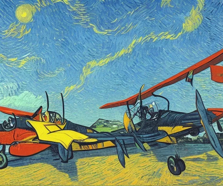 Old plane fighters combating at dawn with vivid colours as van gogh painting