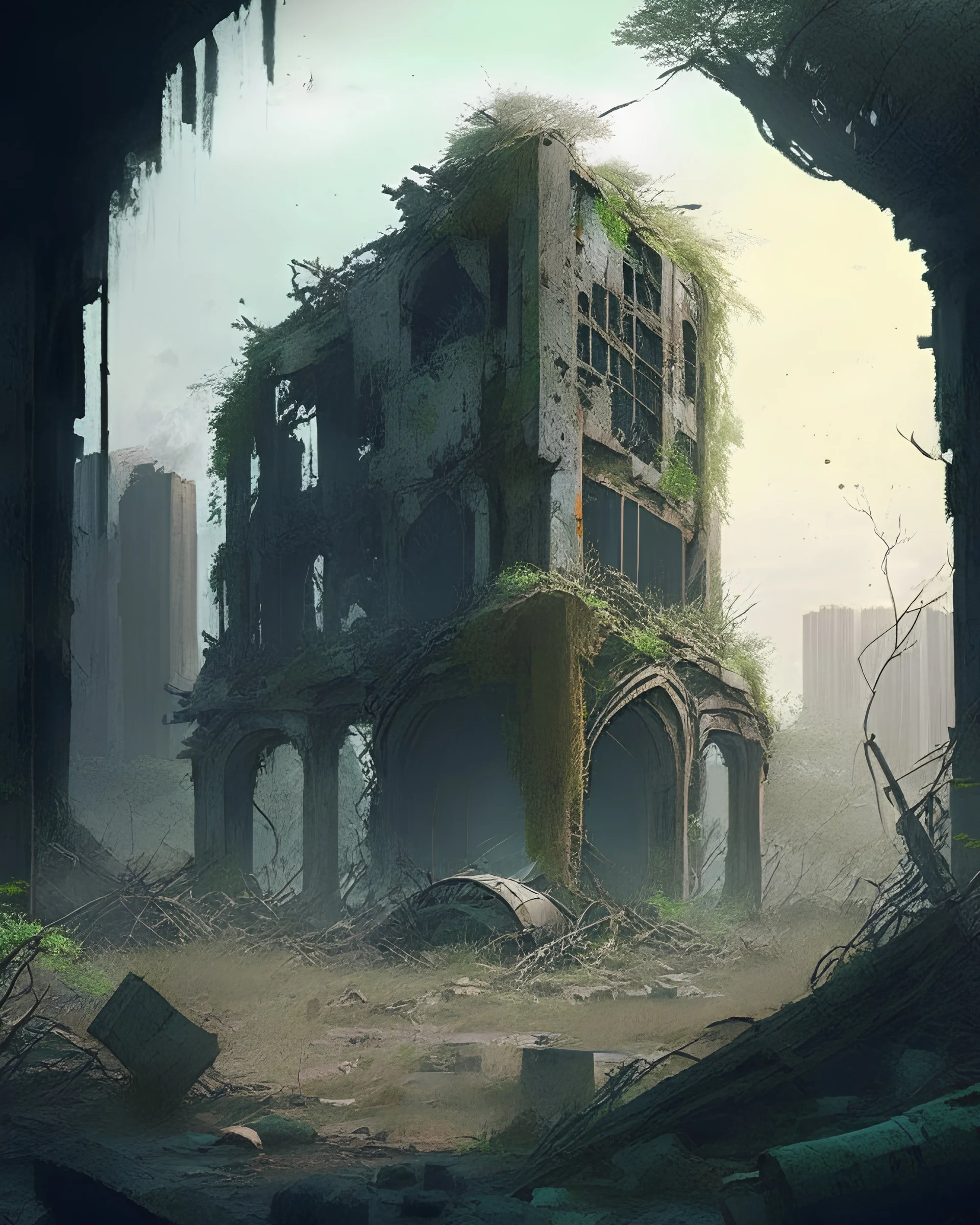 A post-apocalyptic world, with remnants of advanced technology and crumbling structures overtaken by nature, as survivors forge a new life amongst the ruins.