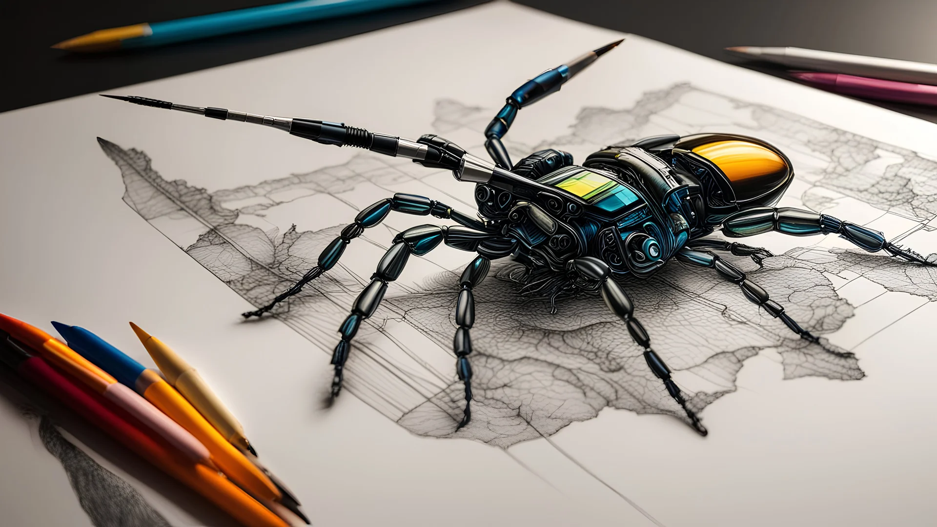 7428. Robot insect drawing a picture, holding six gel-pens in its six hands, drawing a beautiful landscape using four pens, one pen in each hand. The picture is almost finished. Artistic, beautiful lighting, attractive composition, photorealistic, extremely detailed, chiaroscuro, rule of thirds