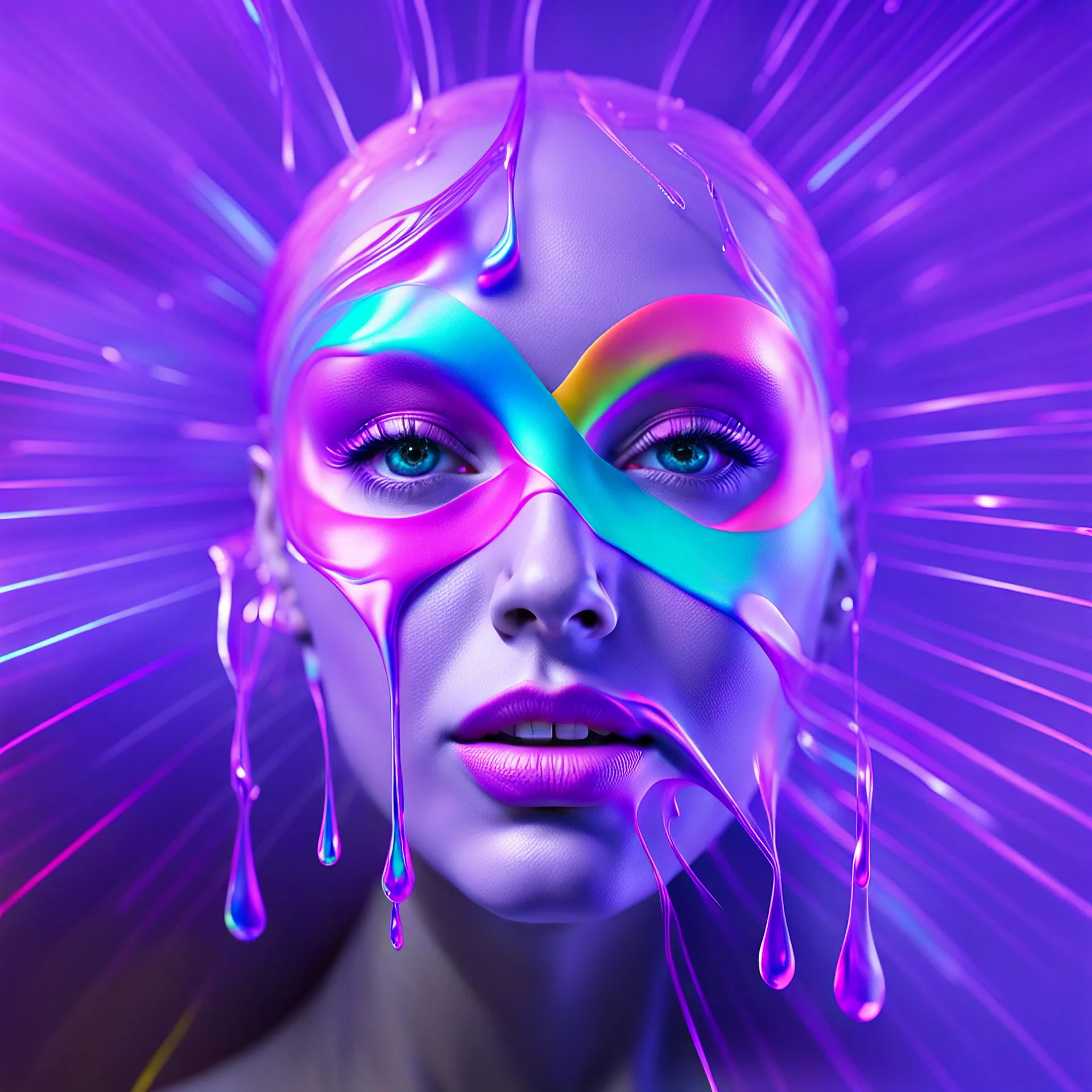 colourful infinity symbol ∞ on womans face that is melting, striking, vibrant, chiaroscuro, dramatic, captivating, powerful, beautiful, octane render, 16k post-production, artstation: award-winning: atmospheric: commanding: fantastical: clarity: ultra quality: striking: brilliance: stunning colors: amazing depth; lens: f/11, 35mm