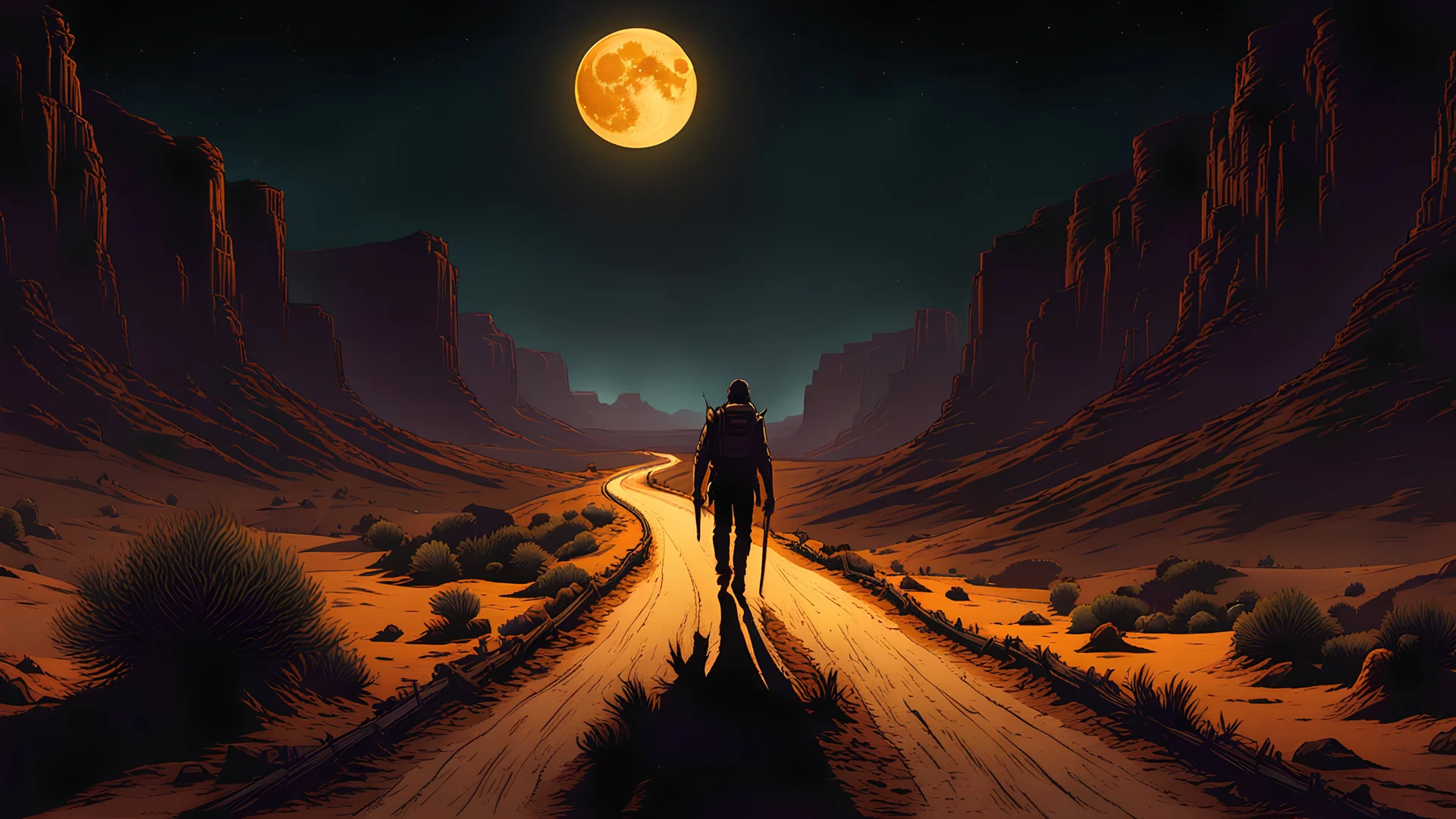 A decaying, gaunt, shuffling zombie walks down a long, straight road in a desert canyon at night under a large, amber moon, cel-shaded, hyperrealistic, ultra-detailed digital illustration, deep, dark colors, color sketches, horror art, moody, atmospheric, liminal spaces, illuminated.