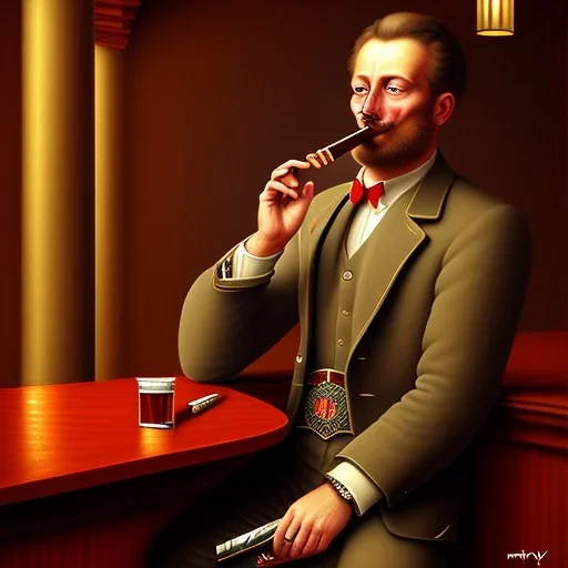 painting of a man with a cigar, sitting in a bar, highly detailed