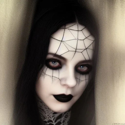 portrait of beautiful gothic woman with thick white spiderwebs on face, dark, runny mascara, 8k, high-quality, fine-detail, black hair, intricate, sharp, crisp, digital art, detailed matte, illustration, octane render, brian froud, howard lyon, Anne Dittman, Anne Stokes, Lisa Parker, Selina French