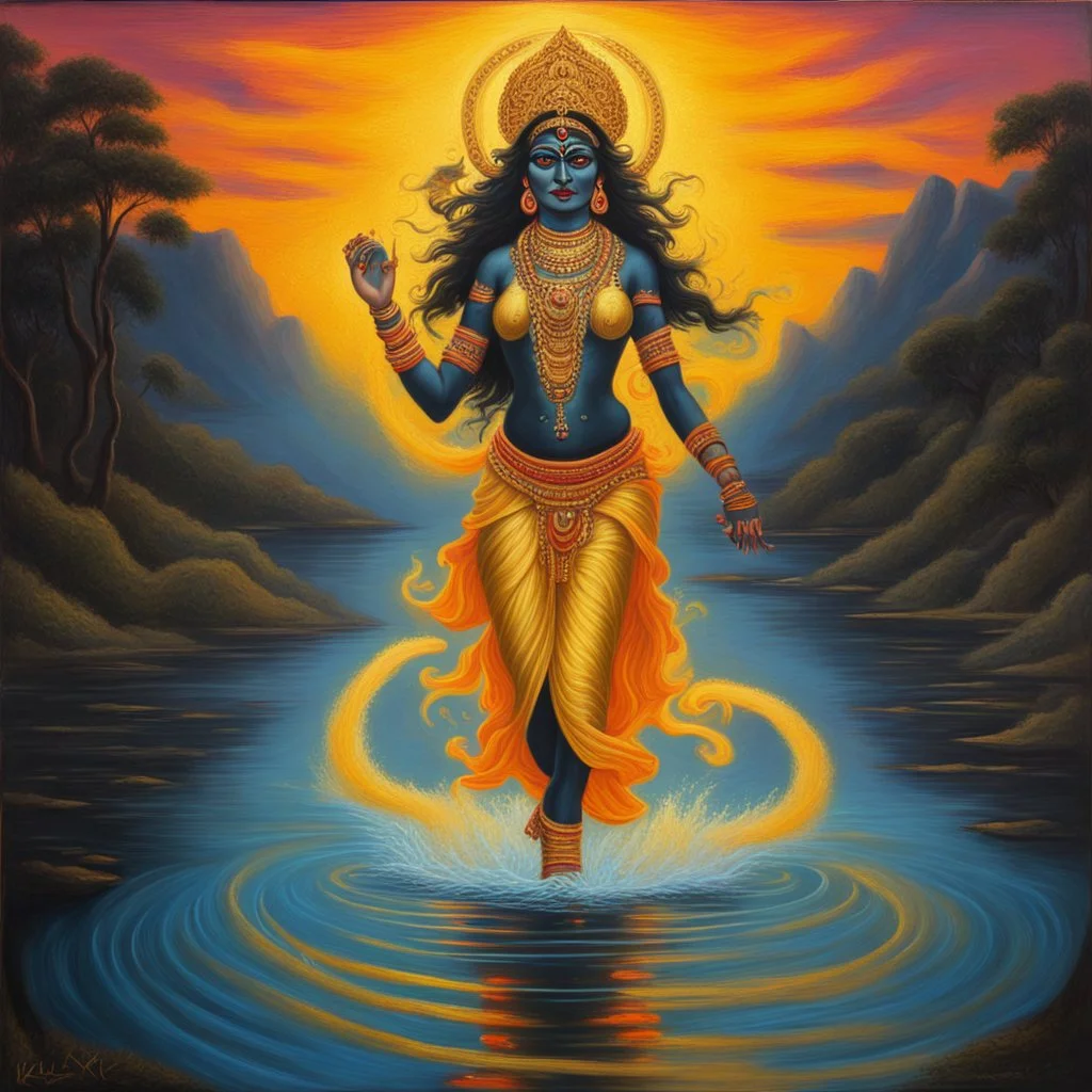 An oil painting of goddess Kali crossing a lake, neon gold colors