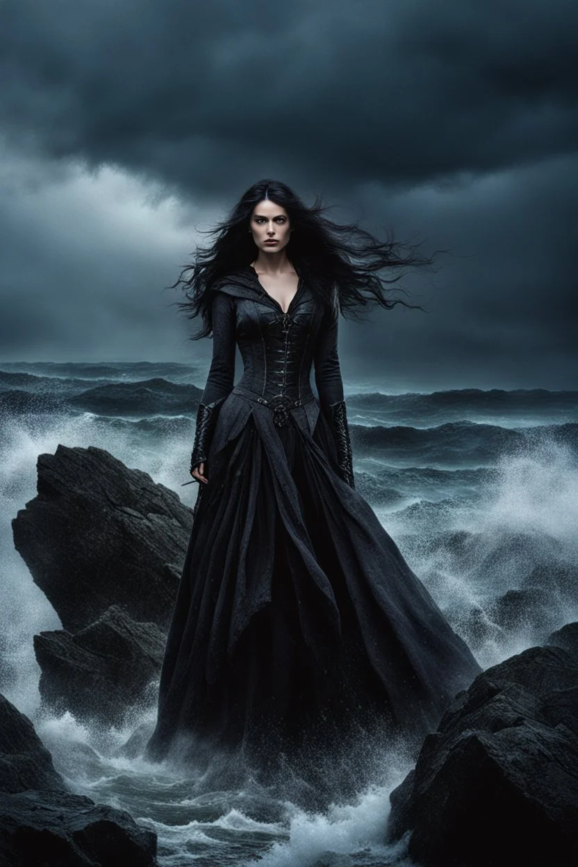 A somber woman, dressed in gothic attire, in deep, dark colors standing alone on a massive, jagged rock jutting out into the ocean. stormy sky , her long black hair whips around her face, streaked with raindrops as they tumble from the heavens. Despite the cold and dampness of the air, she remains stoically still, as if the rock were her only anchor in this tempestuous world. dramatic, epic mood,, intricate detail, creepy stunning