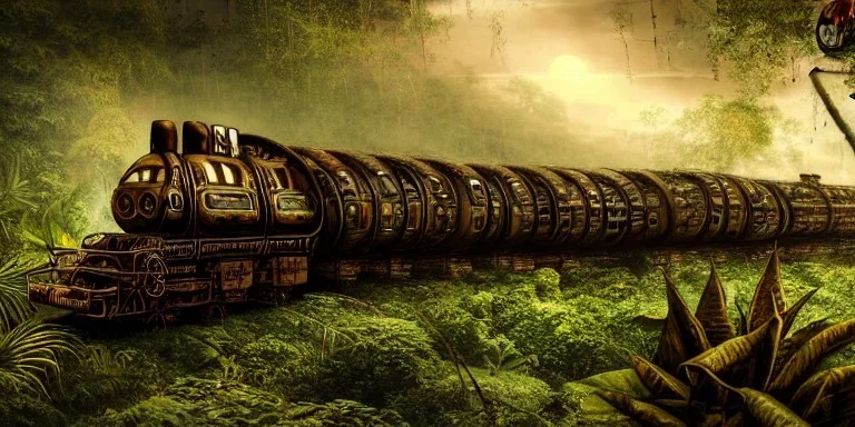 steampunk derelict trains stacked on top of each other in the jungle, covered with vines, plants, cogs, gears; epic lighting, cinematic, brilliant, stunning, intricate, meticulously detailed, dramatic, atmospheric, maximalist, digital matte painting, mysterious, ominous, crepuscule, sharp focus; Moebius; golden hours