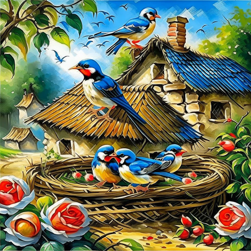 captivating cinematic painting masterfully blending traditional illustration, 3D rendering, and wildlife photography, depicts a picturesque old stone farmhouse with a thatched roof. The harmonious blend of artistic styles creates an atmosphere of serene tranquility, warmth, nostalgia, and timeless beauty. In the cozy home on the roof, three adorable baby swallows rest in their nest, watched over by a swift adult swallow soaring around them. Vibrant hollyhocks cascade along the walls, and hay in