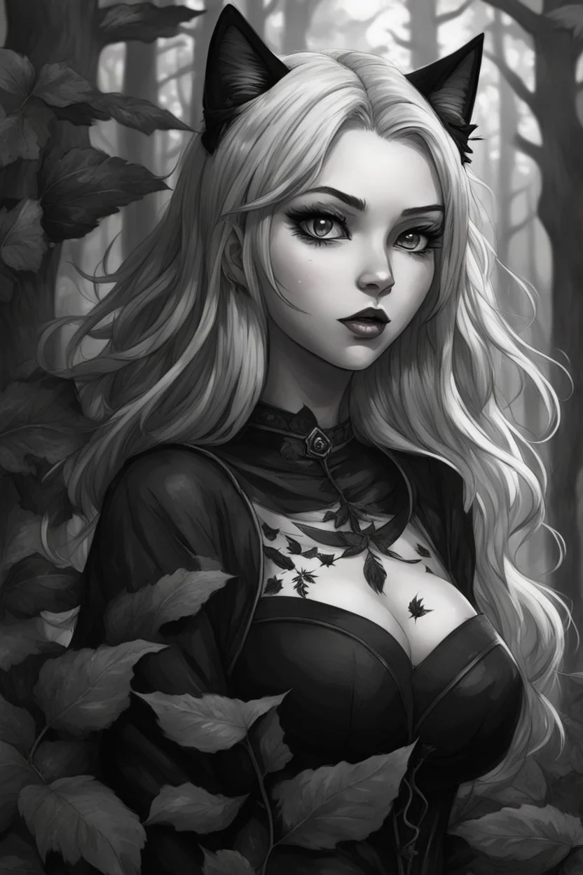 CAT GIRL, goth, forest, nature, cartoon, leaves, black and white hair, boobs, portrait