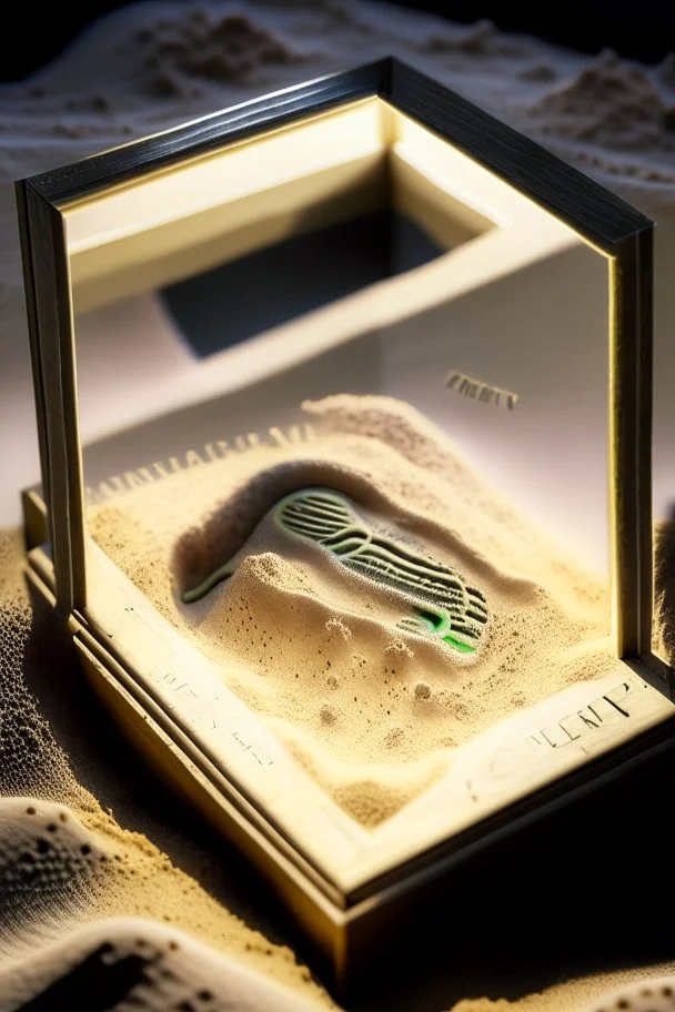 an alien's close up footprint lodged within sand in a neat, square display glass box, "Alien" engraved on small label outside of the box, realistic and highly detailed, 8k