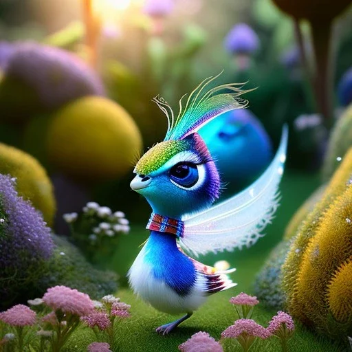 pixar art style of cute pixie peacock white in native environment, full body, by mobeius, au naturel, hyper detailed, digital art, trending in artstation, cinematic lighting, studio quality, smooth render, unreal engine 5 rendered, octane rendered