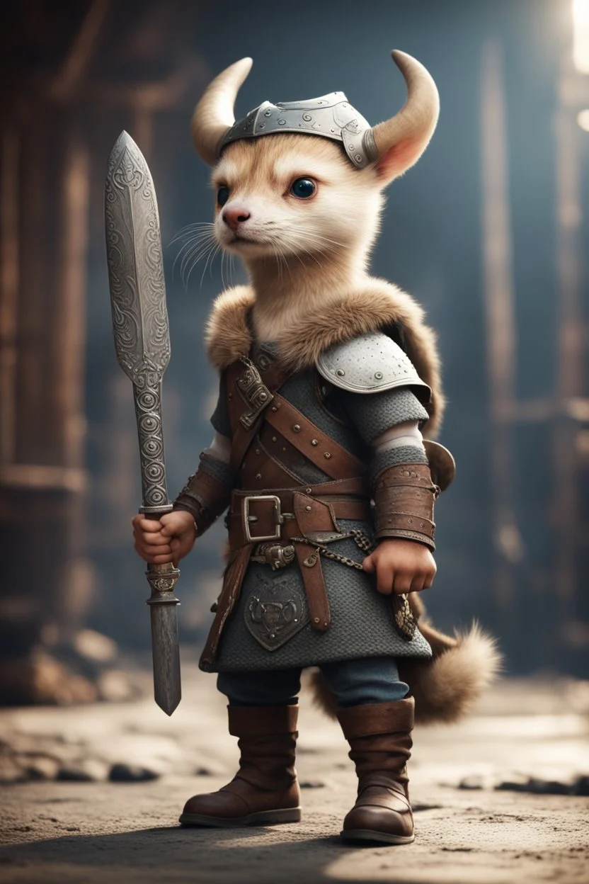 portrait of cute fast historic strong viking weasel with horned viking helmet & boots holding ornate viking sword in fallout 4 setting, bokeh, downlight, prize winning, depth of field, in the style of ivo caprino