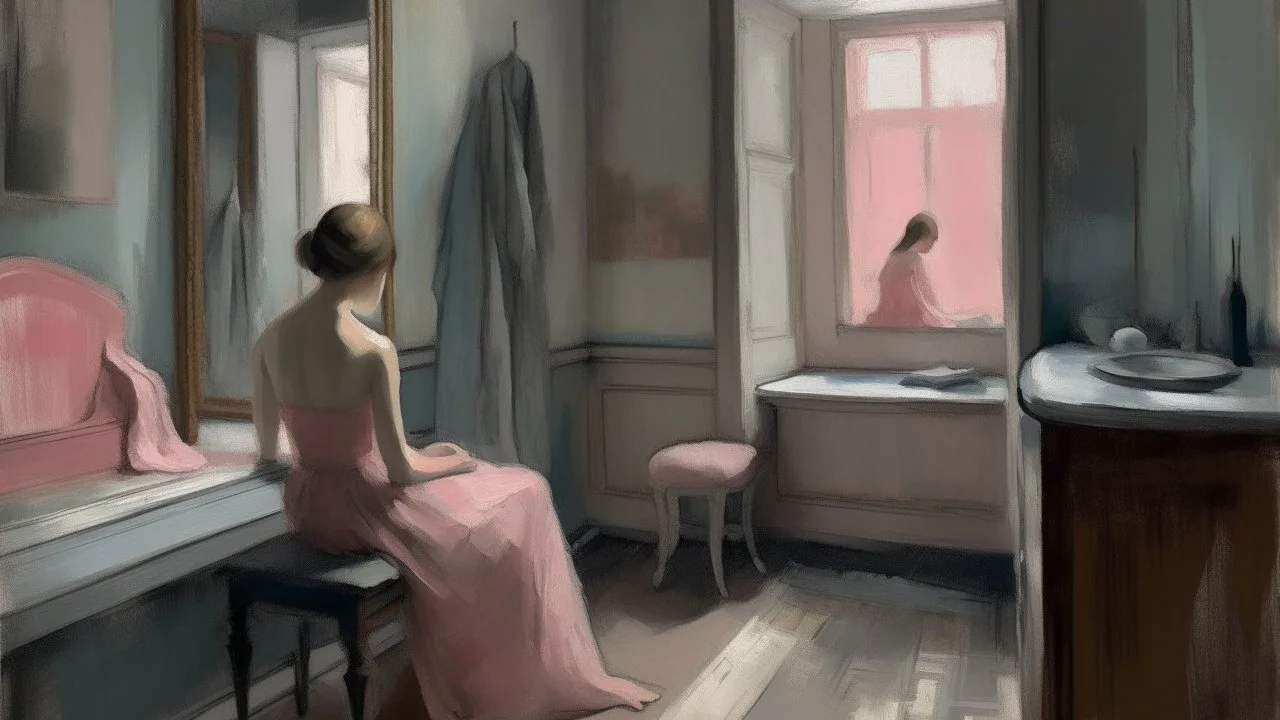 Una escena cotidiana inspirada en La Toilette de Degas: trazos quebrados, luz filtrada, rosas y grises, y una rutina contemplativa que parece un secreto.