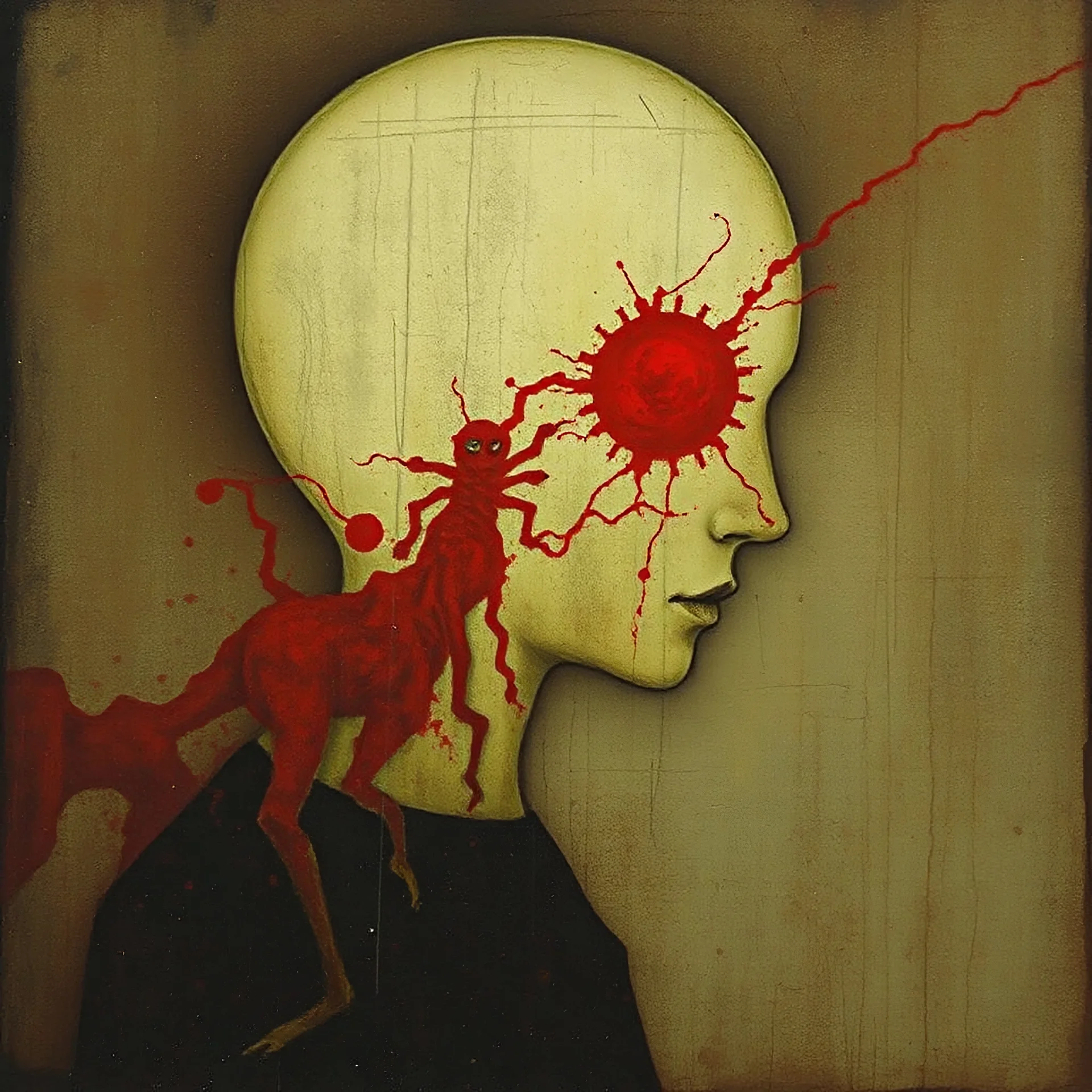 Human subconscious stain, homogenized obsolescence phobia, by Pawel Kuczynski and Wassily Kandinsky, surreal, grainy mixed media image, sinister