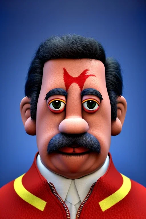 Waist up muppet Portrait, Nicolas maduro us muppet doll, Venezuelan president, tracksuit red blue and yellow, mustache, photo studio, red background, unreal engine 5, concept art, art station, ray tracing, lumen lighting, ultra detail, volumetric lighting, 3d.