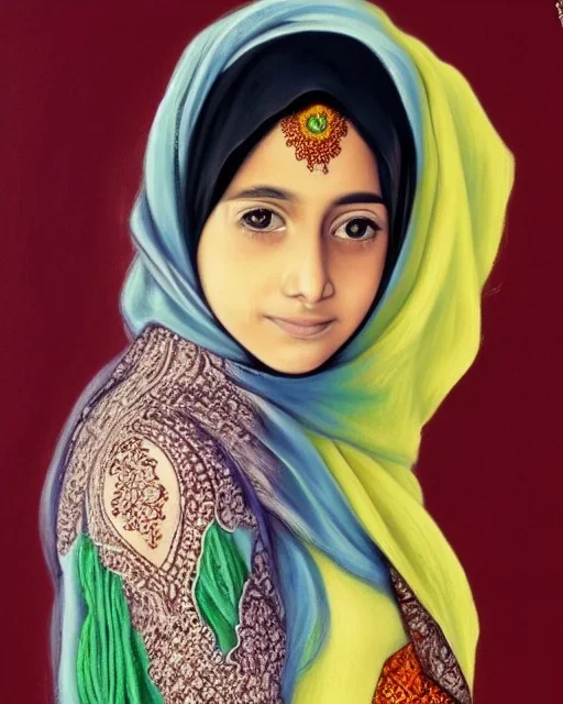 pastel portrait of young muslim girl wearing hijab mehndi