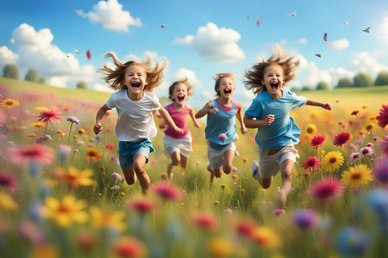 children run and laugh in the summer meadow, surrounding colors flowers, meadow, Happy and harmony vibe, blu sky and the little wind. high detailed, sharp focuses, photorealistic, cinematic