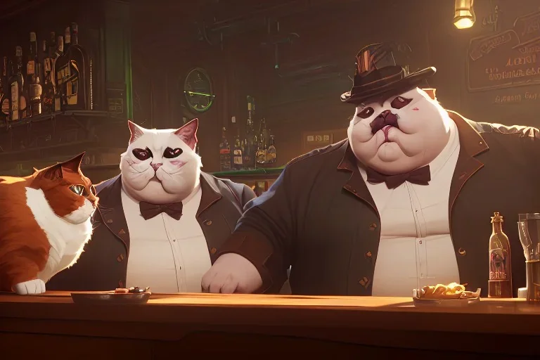 Two fat cat in a bar, high-quality, fine-detail, intricate, digital art, detailed matte, volumetric lighting, dynamic lighting, 3D octane render, Marc Adamus, Ann Prochilo, Romain Veillon,