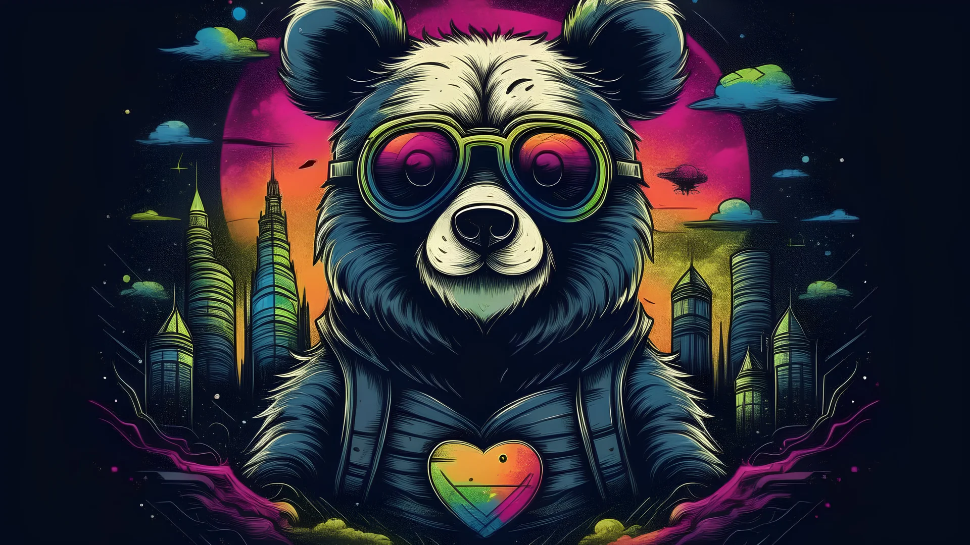 a cool panda with dark sunglasses walking outside under a dark nebula night sky. intricate details. amazing city backdrop. natural tones. hearts, rainbows. supernova