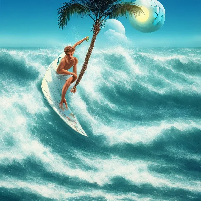 1980's aesthetic vaporwave surfer on waves with palm trees