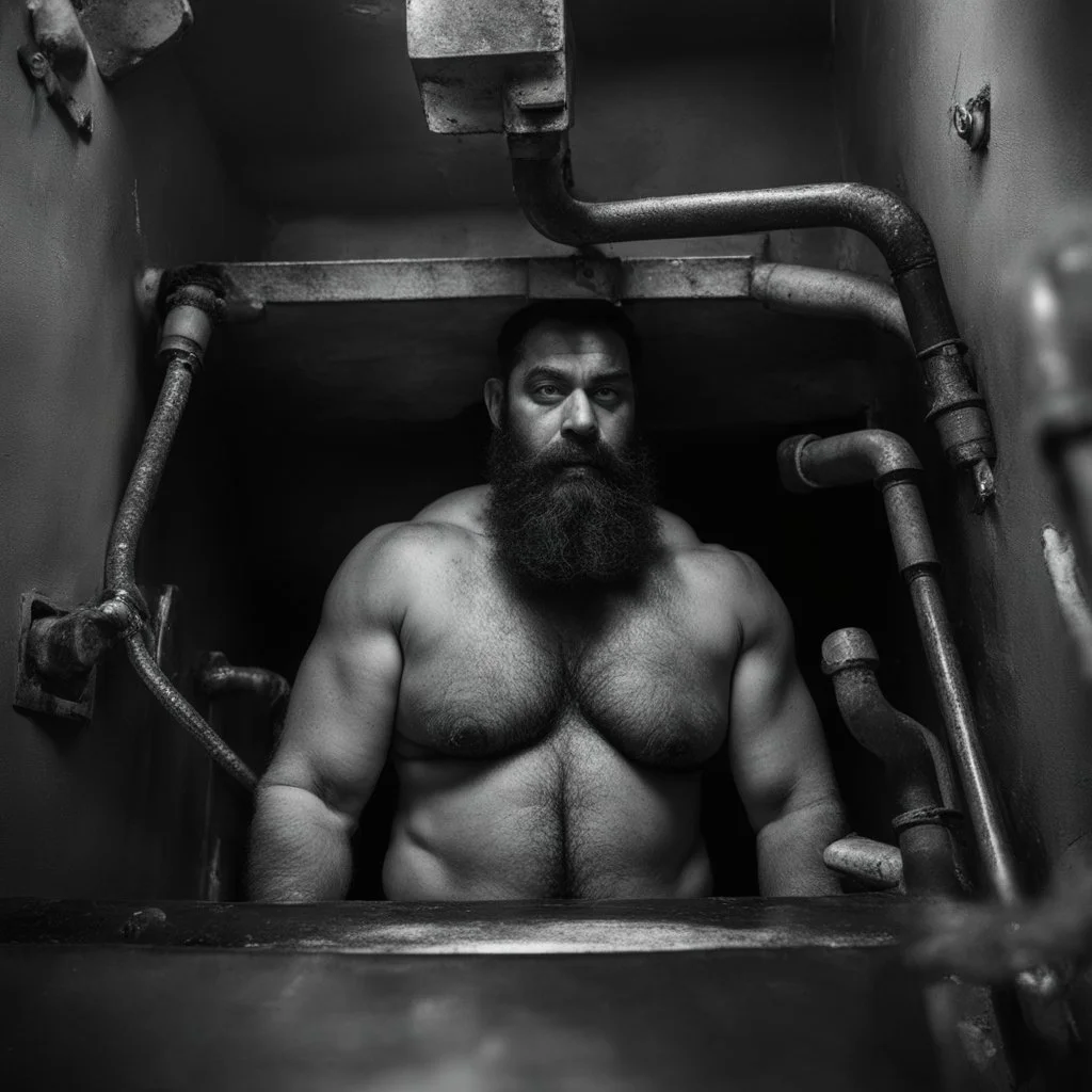 full figure shot photography, ugly wet arab beefy plumber repairs boiler, burly, shirtless, hairy allover, manly chest, long beard, 42 years old, dressed in broken dirty boxer, big thighs, seen from below, frontal view, ambient occlusion, side light