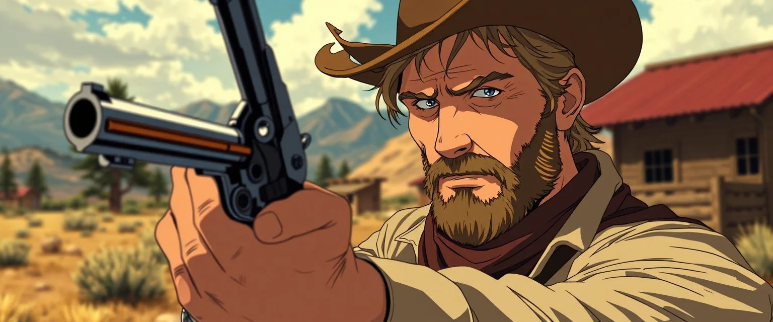 Magnus Carlson in the wild west looking cool with a revolver, anime style