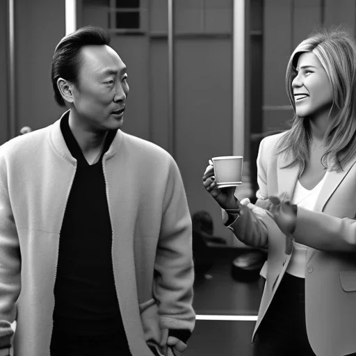 Jennifer Aniston and Ken Watanabe chatting happily over coffee