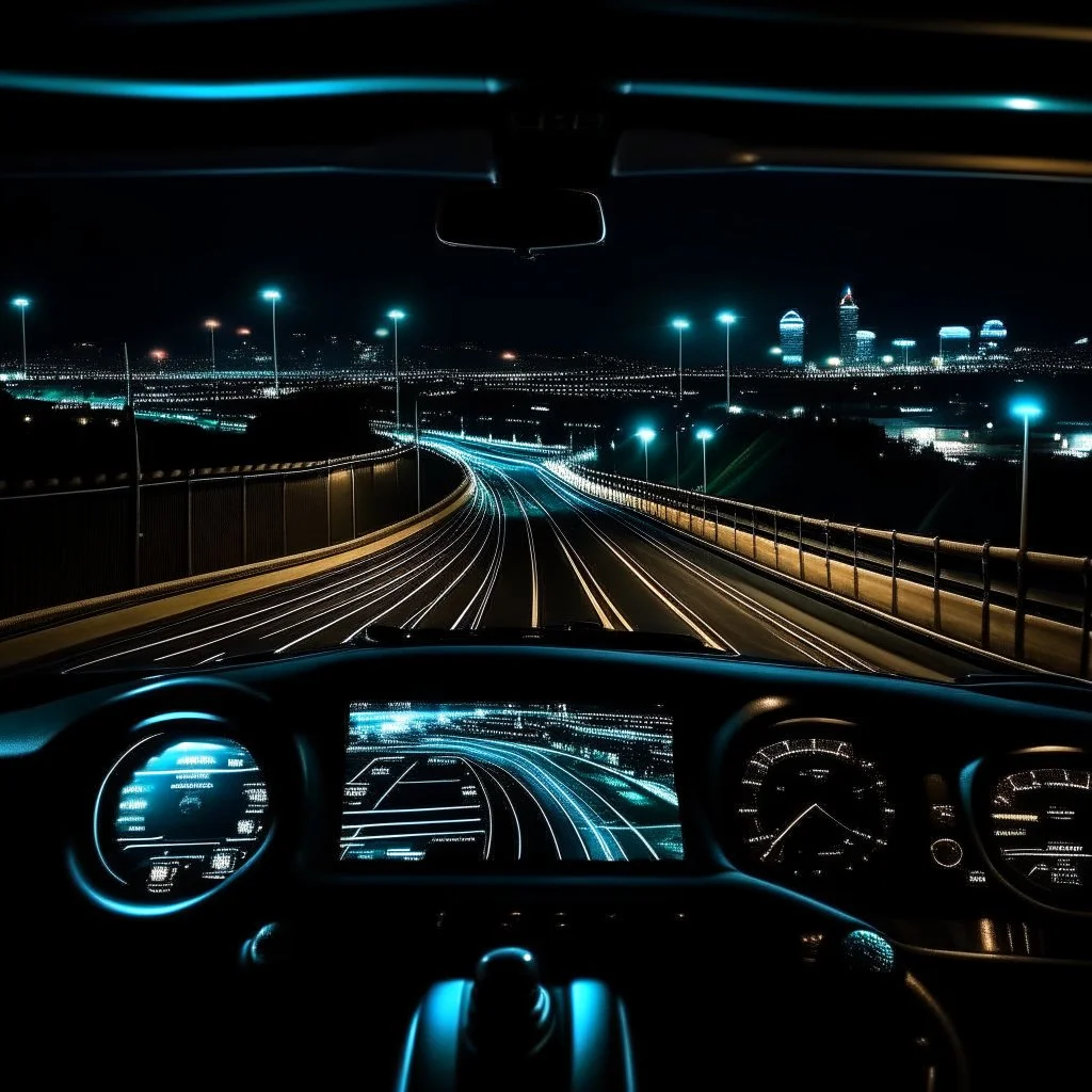 night time, a car dashboard lighting up, a dark road in the windscreen, with a beautiful city in the distance