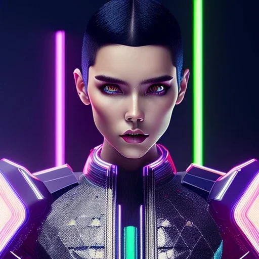 Úrsula Corberó, Cyborg anime warrior, cyberpunk, light black short hair, pixie hairstyle, cobalt eyes, waist up portrait, 8k resolution, retroanime, intricate details, neon details, soft lighting, vibrant colors, masterpiece, intricate eyeliner, dark eyeshadow, eyes, intricate tattoos, gradient background