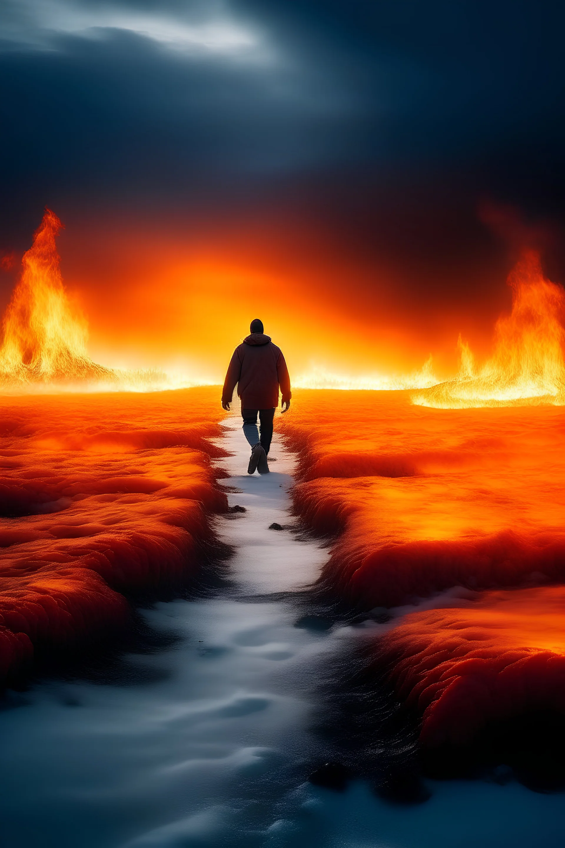 A man of ice walking on a sea of ​​fire