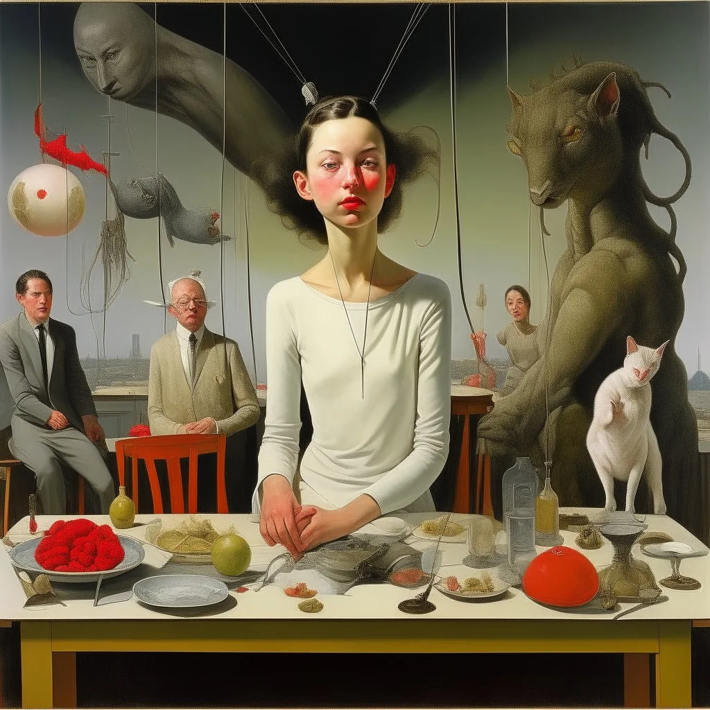 UN conference.a cat and human flesh-like surgical instruments and universe-like a pigeon and neuralink, surrealism,minimalism,Painting By Adrian Ghenie, Rene Magritte, Salvador Dali, Lucian Freud