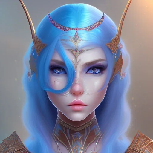 An elf with crystal blue eyes and magenta hair, white complexion, teardrop eyebrows, woman, angry expression