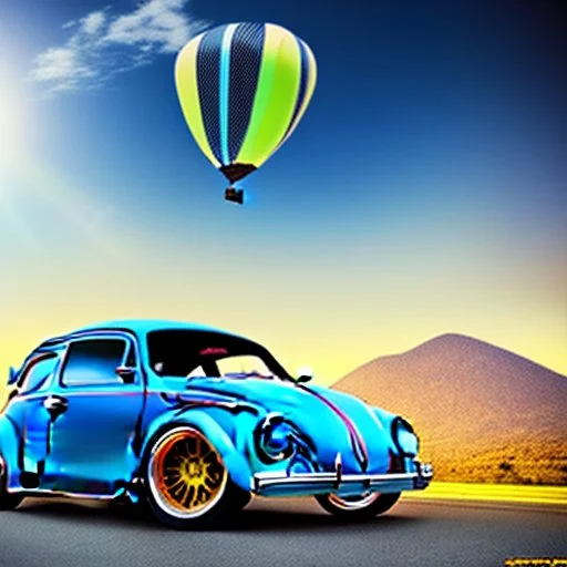 blimp vw-beetle hybrid, retrofuturistic, phototrealism, in flight, one subject,