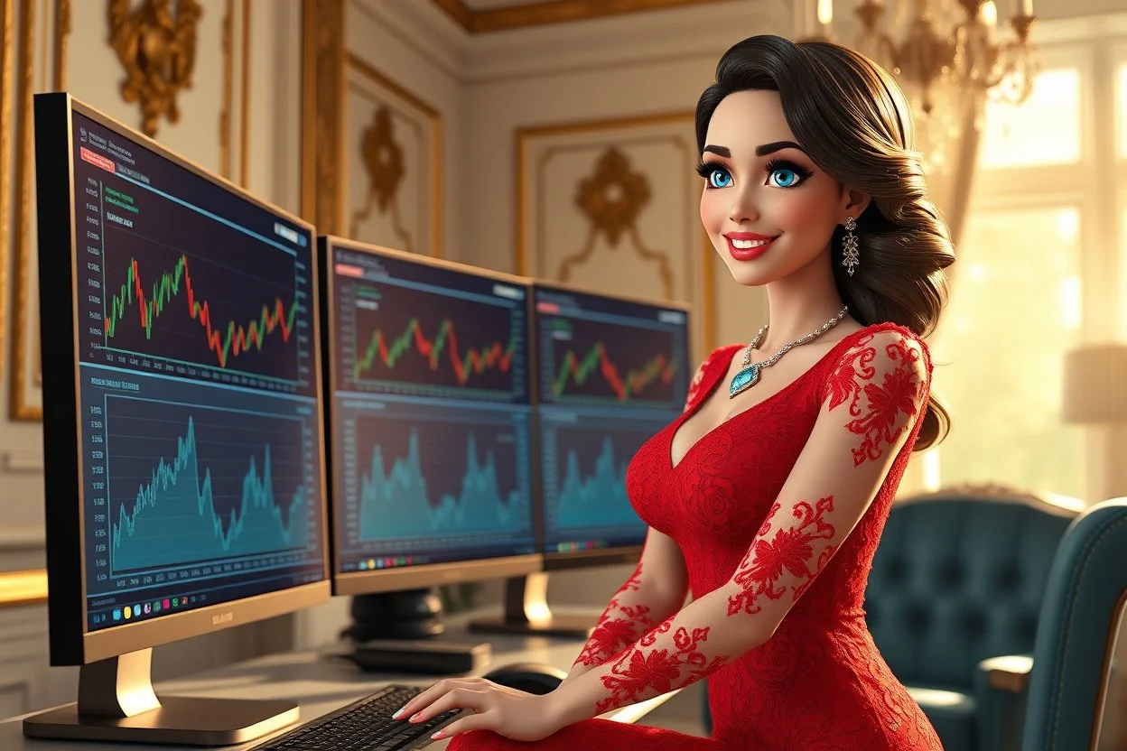 3D video game character elegant blue eyed brunette woman in red lace dress and diamond jewelleries enthusiastically and cheerfully watching crypto charts on big monitors in an elegant room in sunshine