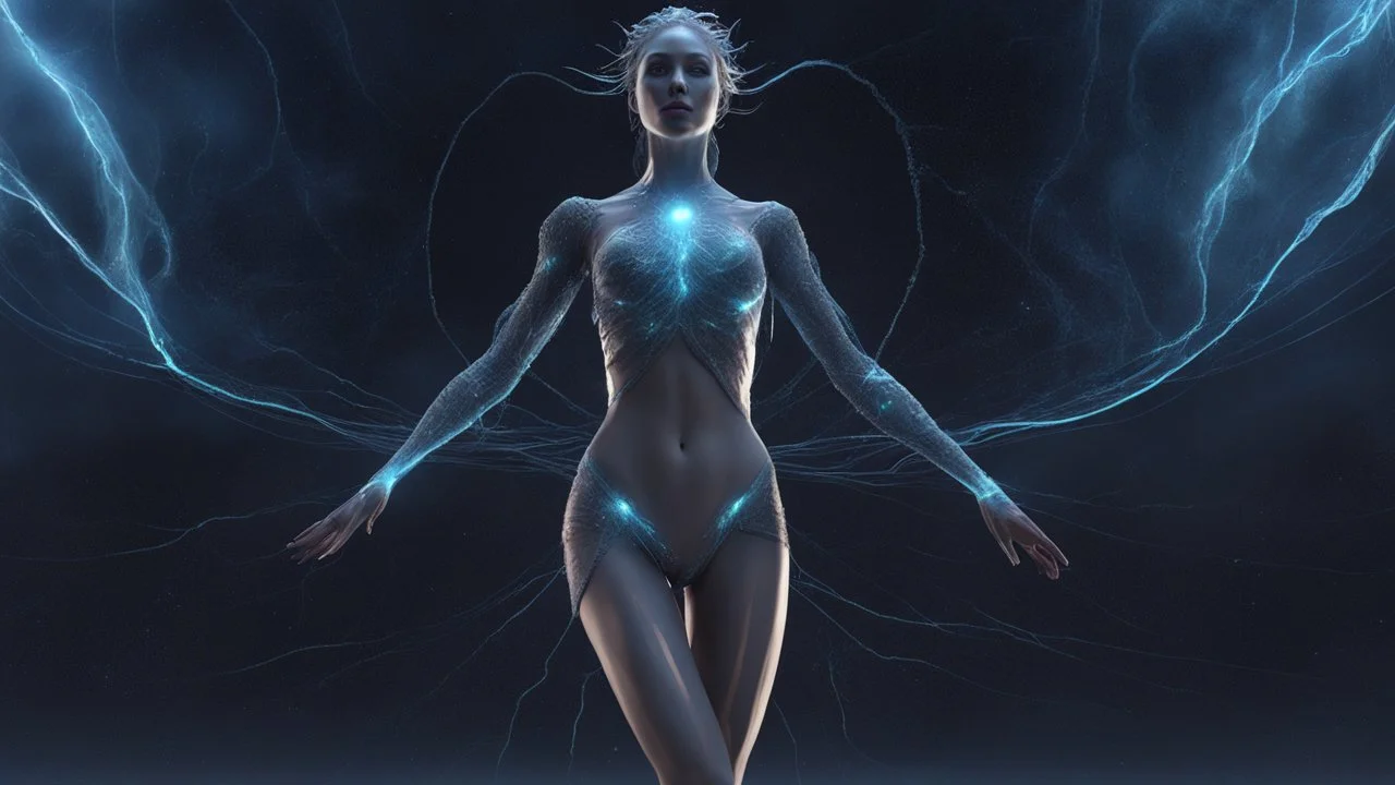 Dancer out in the Rain. Full body 3d image, an extraterrestrial species,bioluminescent skin. comets, galaxies, beautiful face beautiful eyes beautiful body, her hair is made out of supernova shockwave, she is a living breathing colossal-sized universe. She has a large chest