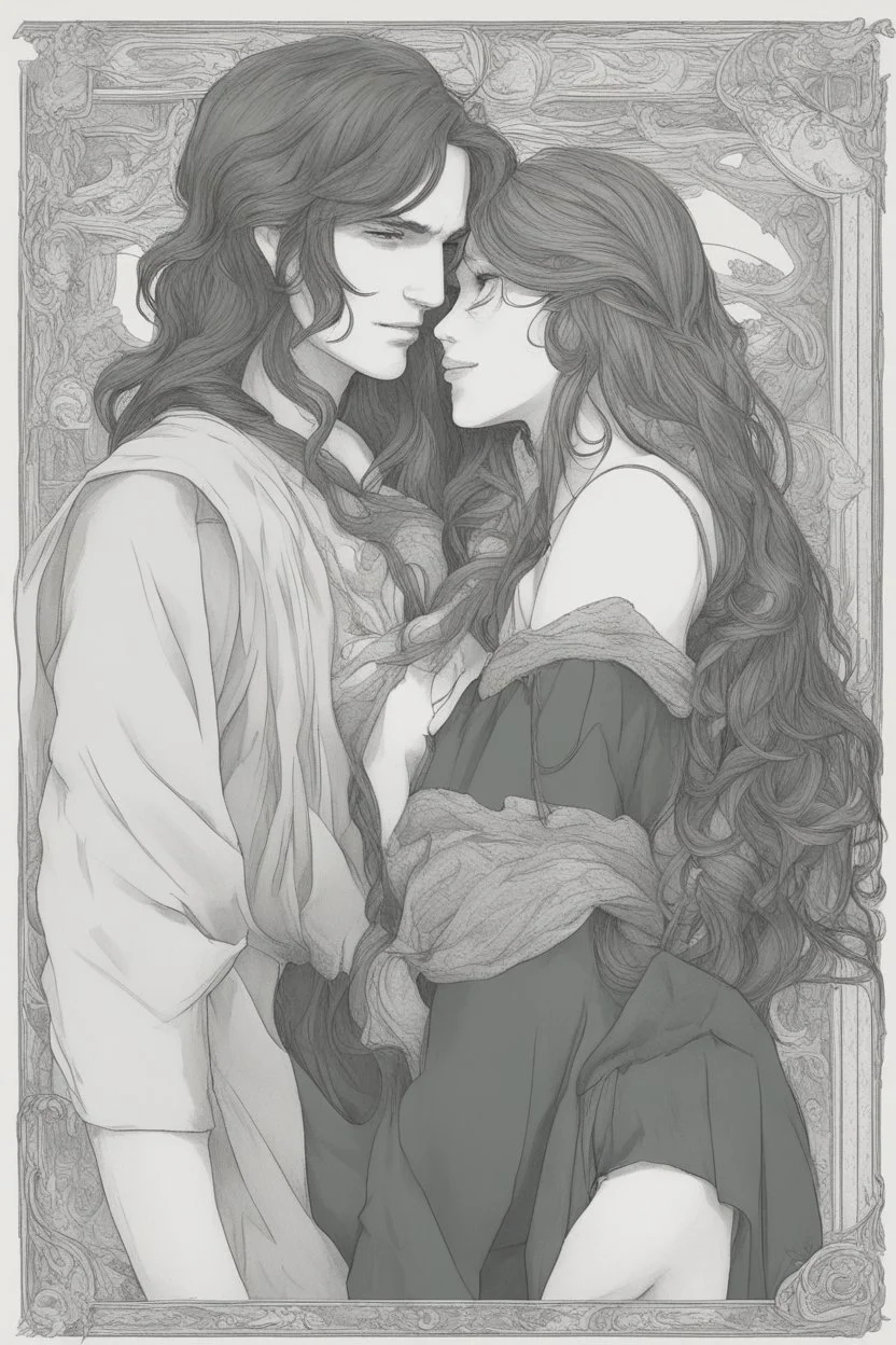 Dnd style, Young man hugging a woman with long hair from behind