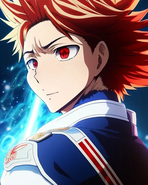 Detailed anime portrait of shoto from my hero academia, red and white hair split down the middle, blue suit, intricate details, full body portrait, keep head in frame, slight smile, black Japanese motif, concept art, highly detailed, digital painting, concept art, sharp focus, illustration, art by Yoji Shinkawa, WLOP and greg rutkowski and alphonse mucha and artgerm and yanjun Chen and Junji ito and Makoto Shinkai, HDR, octane render