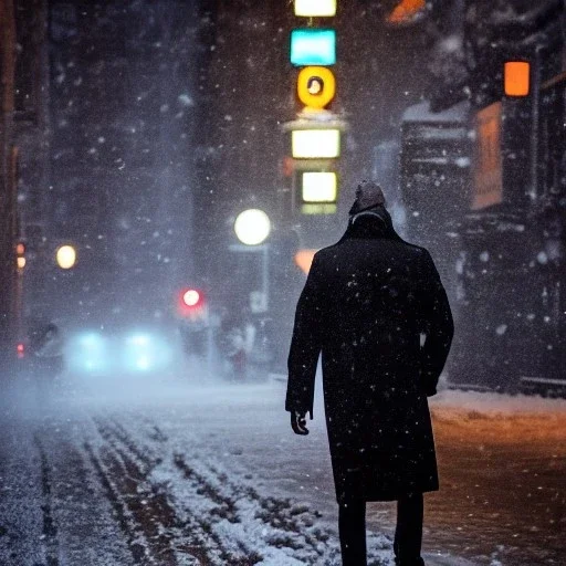 man wearing trenchcoat walking along sidewalk, snowy streets of new york at night, dramatic, dramatic lighting, volumetric lighting, hyperrealism, 8k, high quality, photorealistic, lot of details