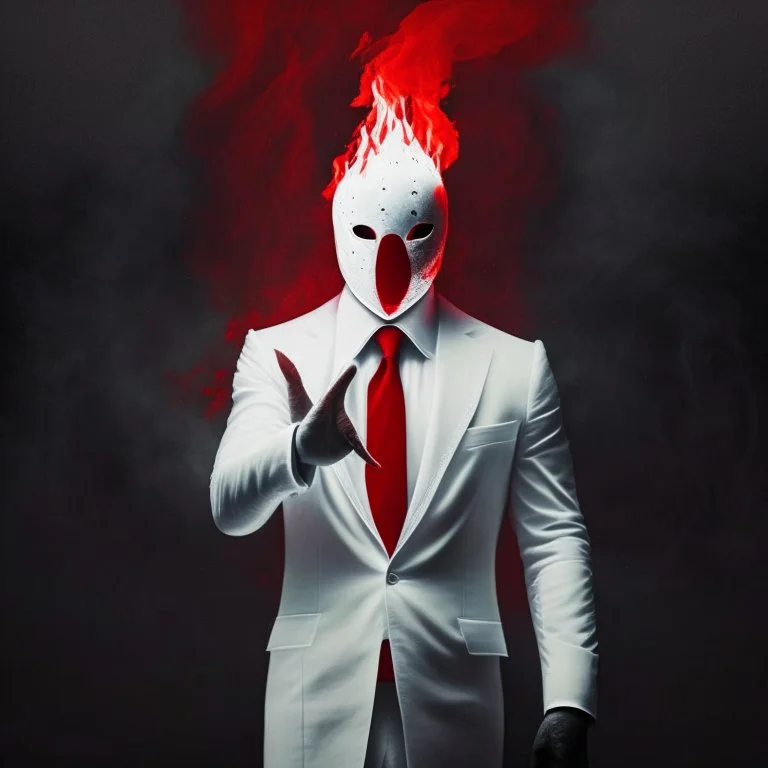 a man with fire in the palm of his hand wearing a white suit with a red tie who has no face