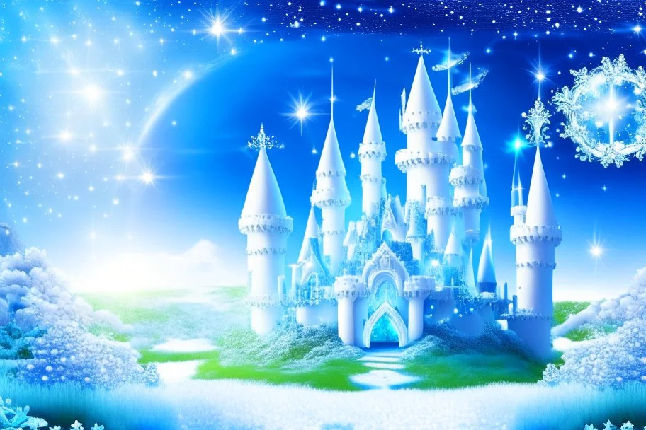 fairy and cosmic landscape with blue grass, magic plants, sky with light and stars. fairy white castle with diamond