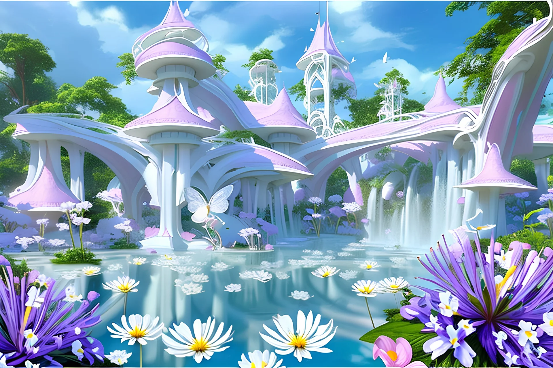 en premier plan des grandes fleurs sauvages, blanches non alignées, puis des grands arbres fleuris, couleurs bleu, blanc, rose,et un espace d eau, avec des gros papillons blancs ou roses, chateau futuriste et féérique , HD, Très réaliste