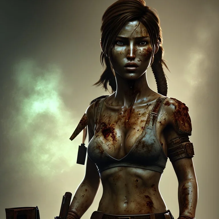 an abstract painting of rusted wood, lara croft with big breast, big black hair,blood face, Viking style, 8K, a Highly detailed stunning full frame portrait, wide-angle view, a realistic face, volumetric lighting, volumetric clouds