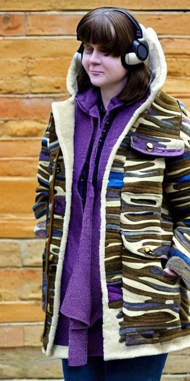 Image shows wholly a Brunette. average body type. Mantle is sewed of recycled Denim and sewed together of camouflage pieces. Camouflage colors are orange,terracotta, cream and purple. Cream latex gaiter. Big bright purple/khaki felt tippet and cream or blue or lilac colored-hood. mantle is merged with satchel. . AKG-style headphones (gold rings!) is merged with small felt cap with small visor. Style: Haute Couture in 1936, Paris fashion in 2023. More yellow(Munsell)!!!