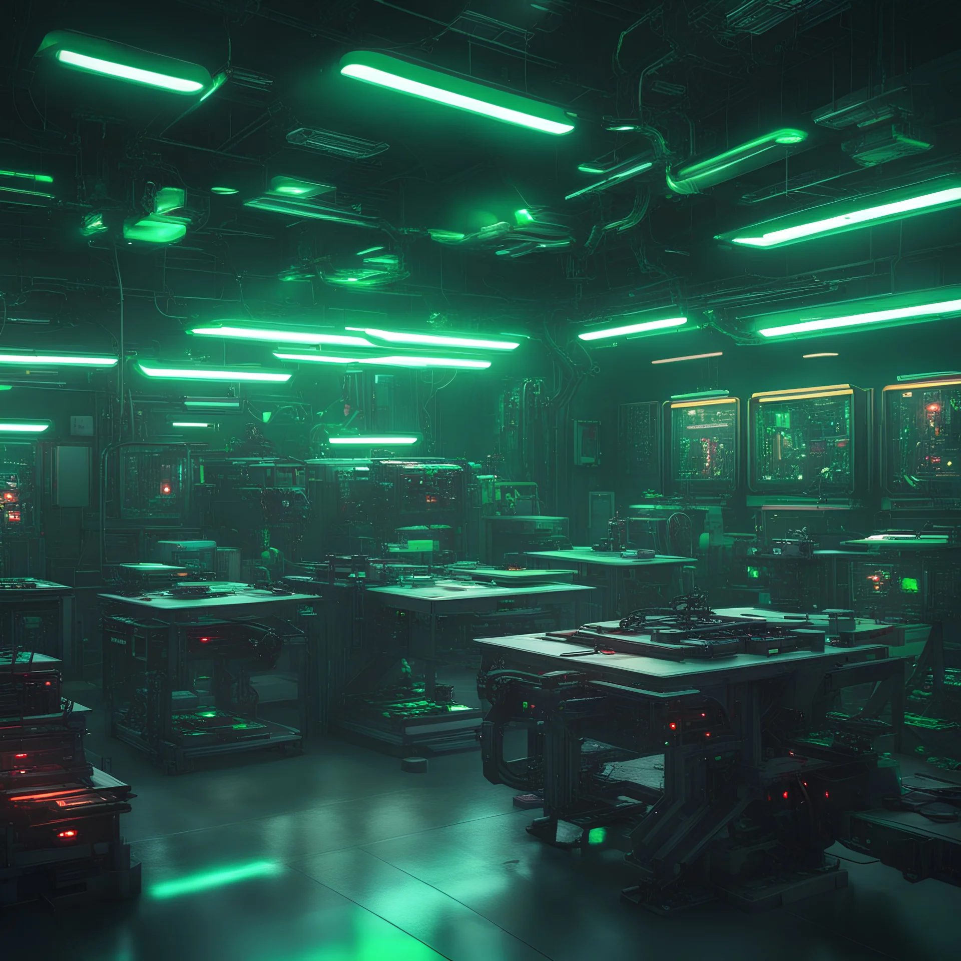 cyberpunk drone manufacturing room, green lights, robotics